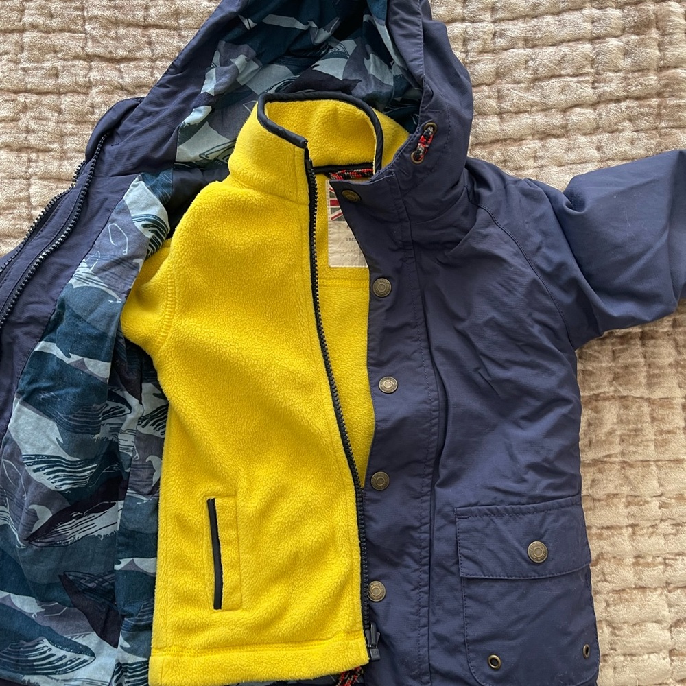 MiniBoden 3 in 1 boys toddler all-weather coat size 3-4 years in navy and yellow